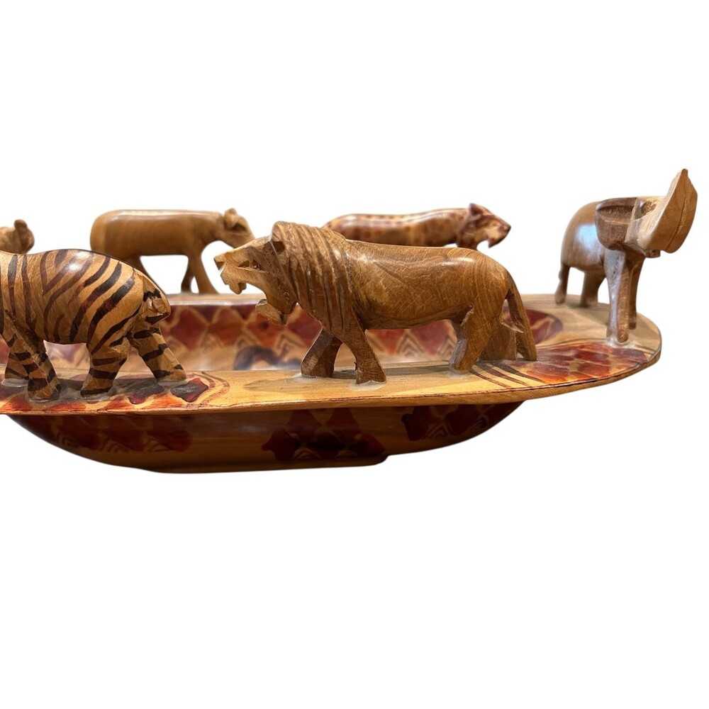 African Safari Animal Hand Carved Wood Bowl 12"w x 5 7/8"d x 4"h - Picture 11 of 16